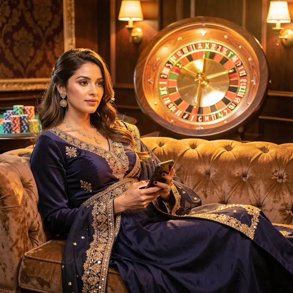 Confident Pakistani woman relaxing on a luxury sofa while using the EQ6888 casino app with a glowing roulette wheel and stacked chips behind her