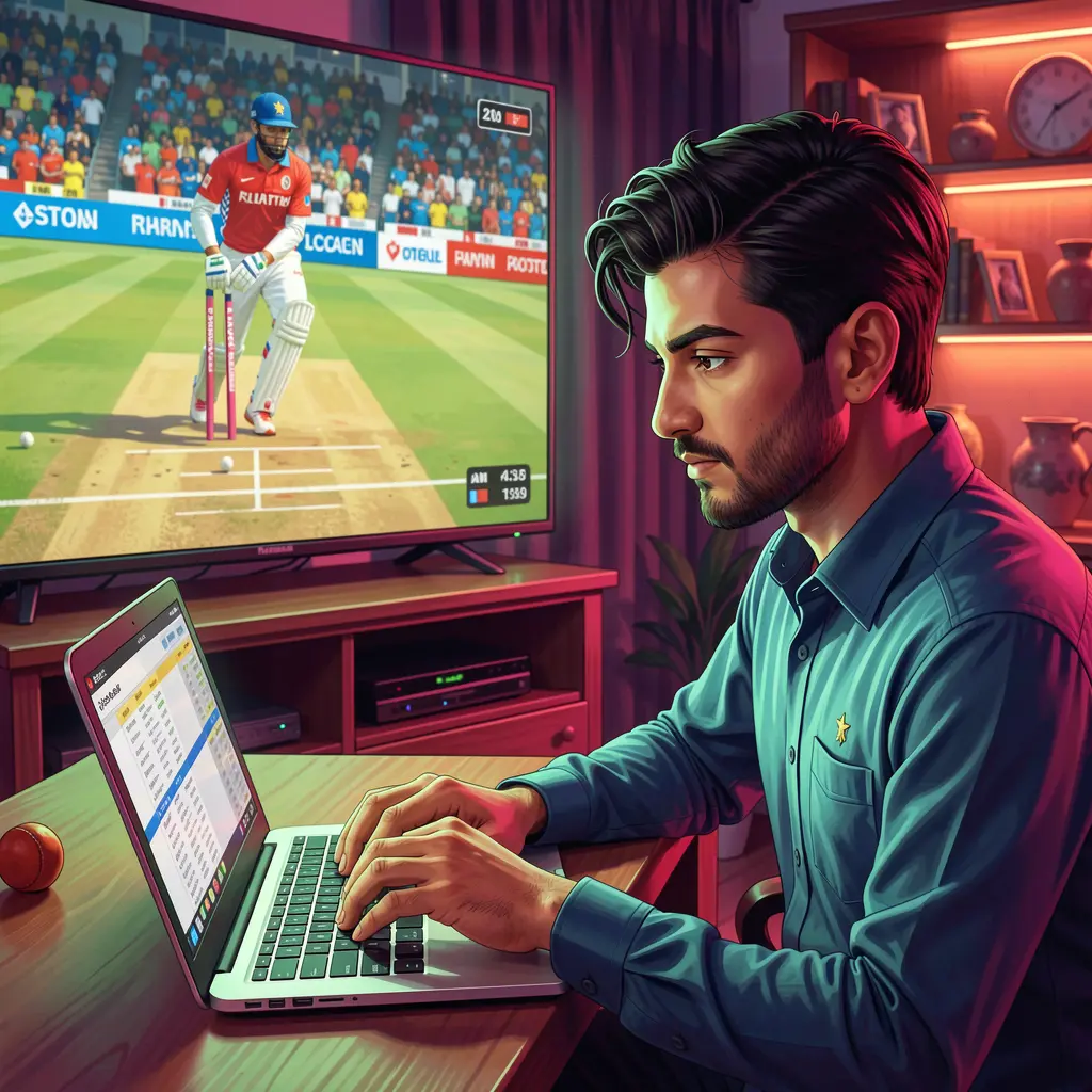 Focused Pakistani sports bettor analyzing live cricket odds on a laptop with stadium atmosphere visuals while using EQ6888 betting platform