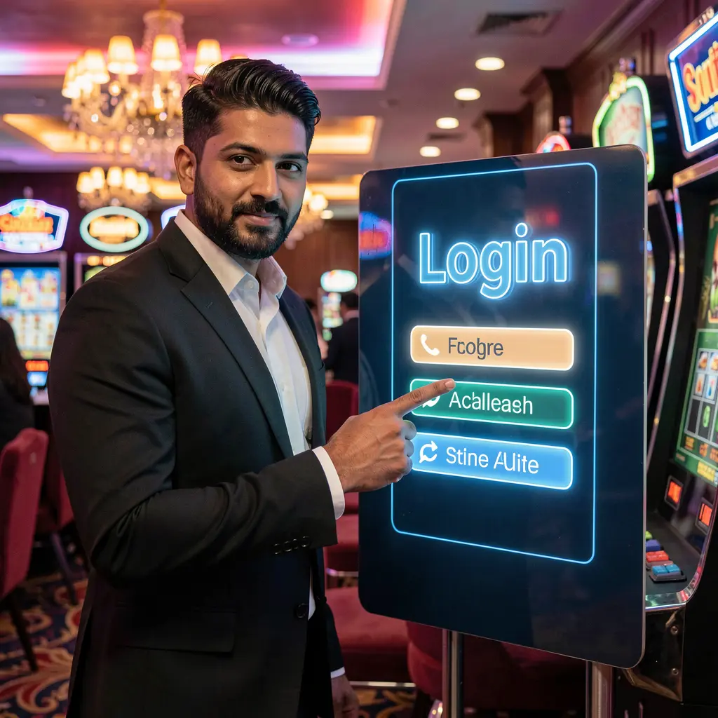 Professional Pakistani EQ6888 casino ambassador pointing at a bright login panel inside a modern digital casino environment